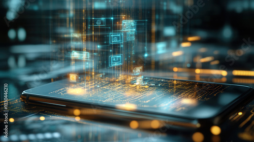 Wallpaper Mural smartphone displaying glowing privacy settings and digital data streams, symbolizing advanced technology and security features. vibrant colors create futuristic atmosphere Torontodigital.ca