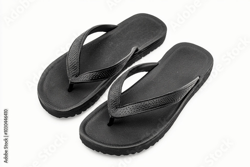 flip isolated on white: pair of black flip flops isolated on white background, casual summer footwear, beach shoes 