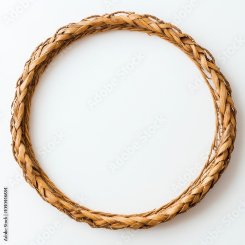 Woven circular straw wreath on white background for home decoration and crafts