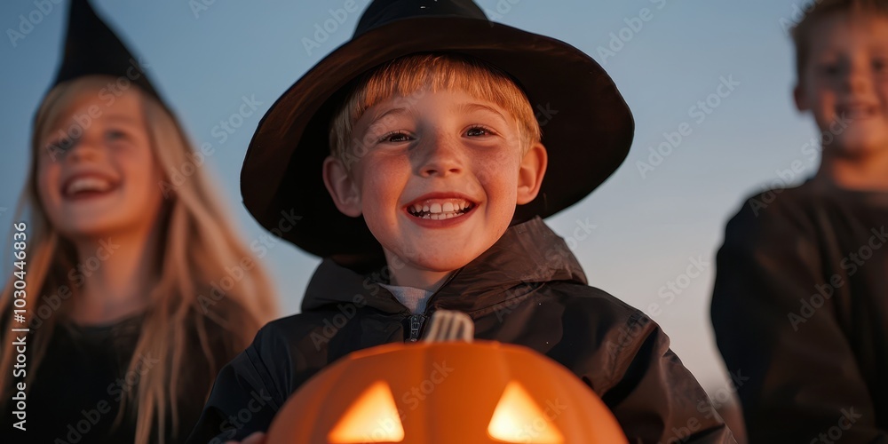 A joyful child in a witch hat holds a carved pumpkin, surrounded by friends, celebrating Halloween with laughter and fun. A joyful child in a witch hat holds a carved pumpkin, surrounded by friends, celebrating Halloween with laughter and fun.