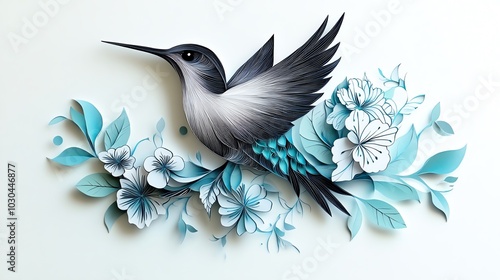 Layered paper cut hummingbird pattern with intricate wings and overlapping floral elements, paper cut hummingbird, layered wildlife pattern photo