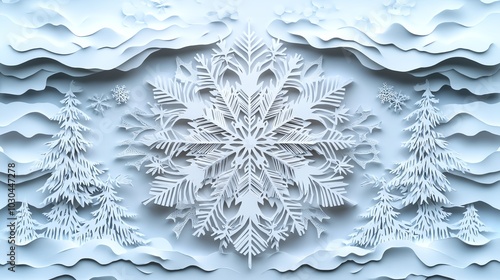 Symmetrical paper cut snowflake pattern with detailed, layered branches, ideal for winter decor, paper cut snowflake, layered seasonal pattern photo