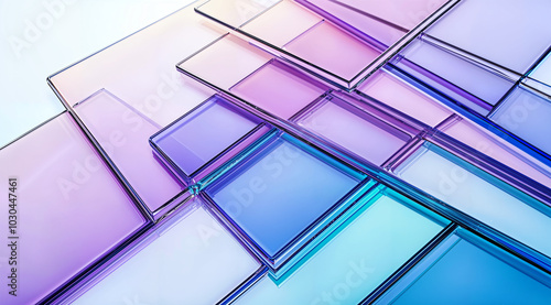 Overlap translucent glass panels in purple, blue and pink hues. In 3D style. Geometric abstract concept. For background and modern interior design. 