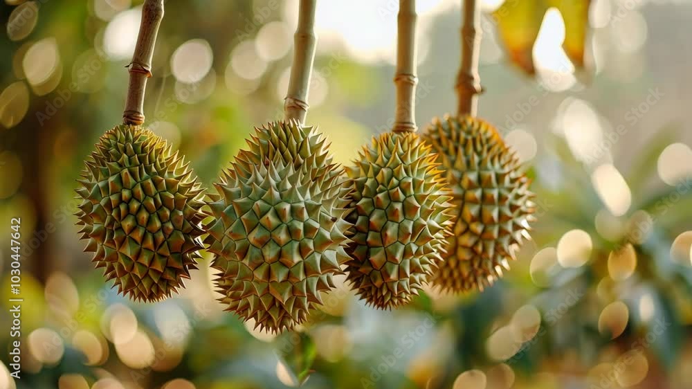 Four durian fruits hang from a tree branch on a sunny day Four durian fruits hang from a tree branch on a sunny day