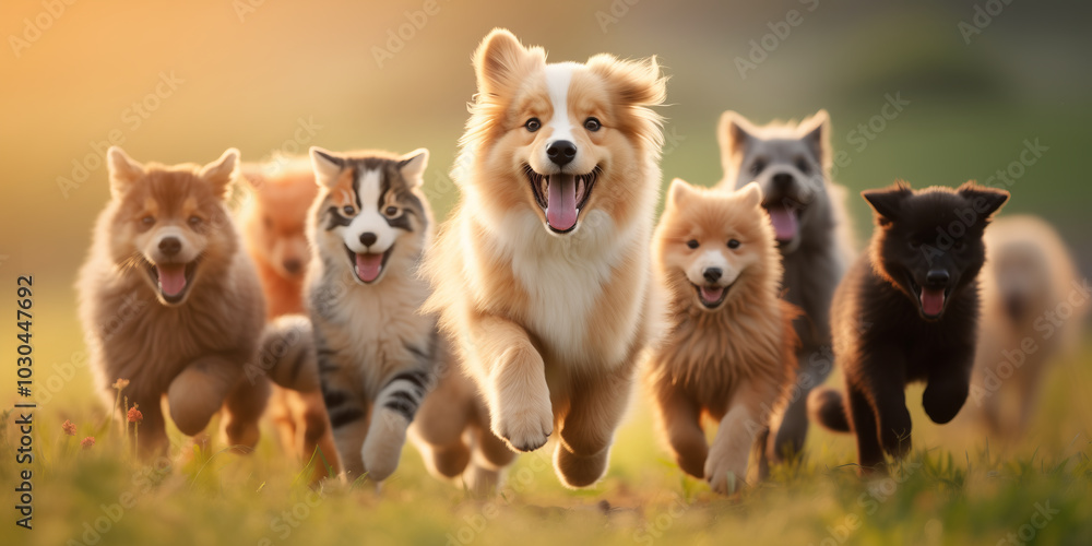 A group of happy puppies and kittens running towards camera in sunny meadow. Little animals having fun together. A group of happy puppies and kittens running towards camera in sunny meadow. Little animals having fun together.