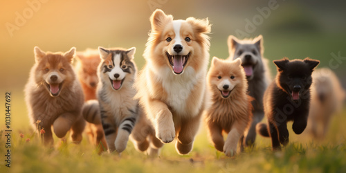 A group of happy puppies and kittens running towards camera in sunny meadow. Little animals having fun together.