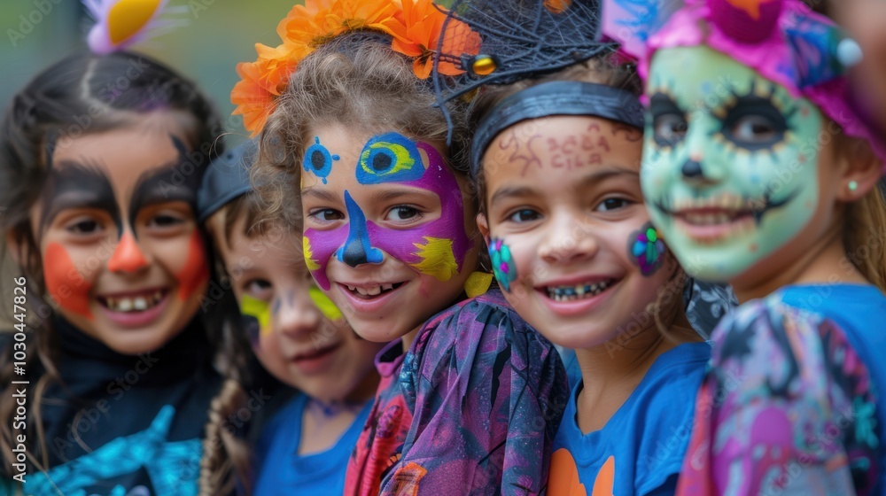 A group of children are dressed up in Halloween costumes A group of children are dressed up in Halloween costumes