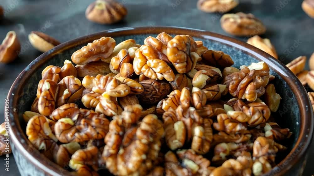 A bowl of pecan halves sits on a dark surface A bowl of pecan halves sits on a dark surface