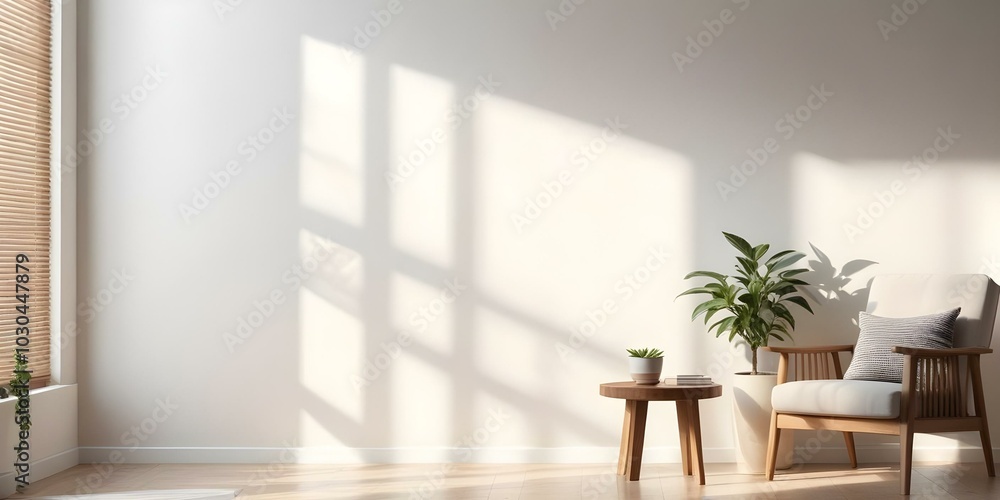 A minimalist living room with a wooden side table and a potted plant, with soft natural light streaming in through the window. A minimalist living room with a wooden side table and a potted plant, with soft natural light streaming in through the window.