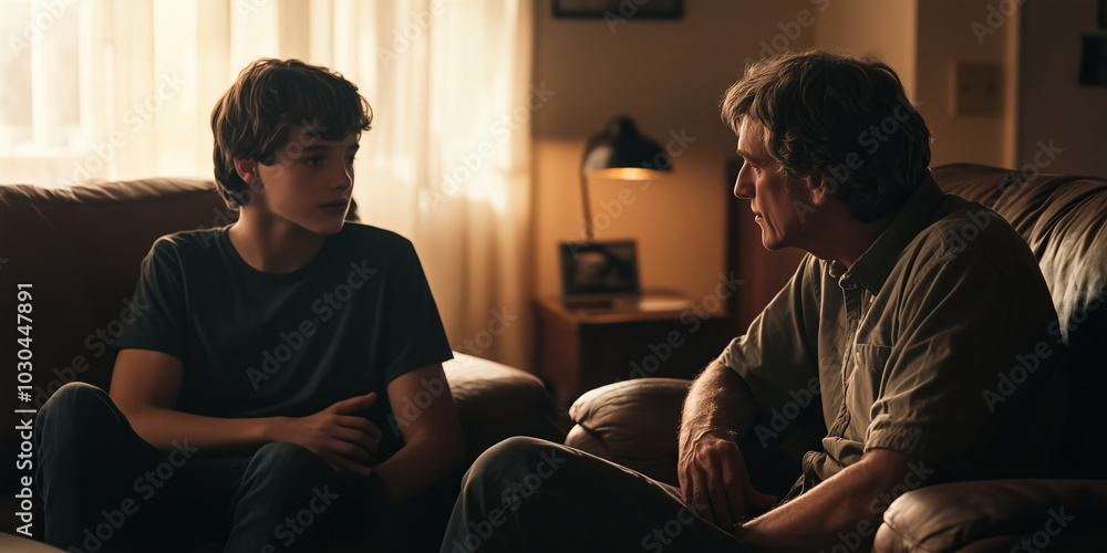 Father and teenage son having conversation in sunny living room. Bonding, communication and relationship concept. Father and teenage son having conversation in sunny living room. Bonding, communication and relationship concept.