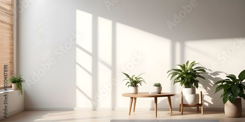 A minimalist living room with a wooden side table and a potted plant, with soft natural light streaming in through the window.