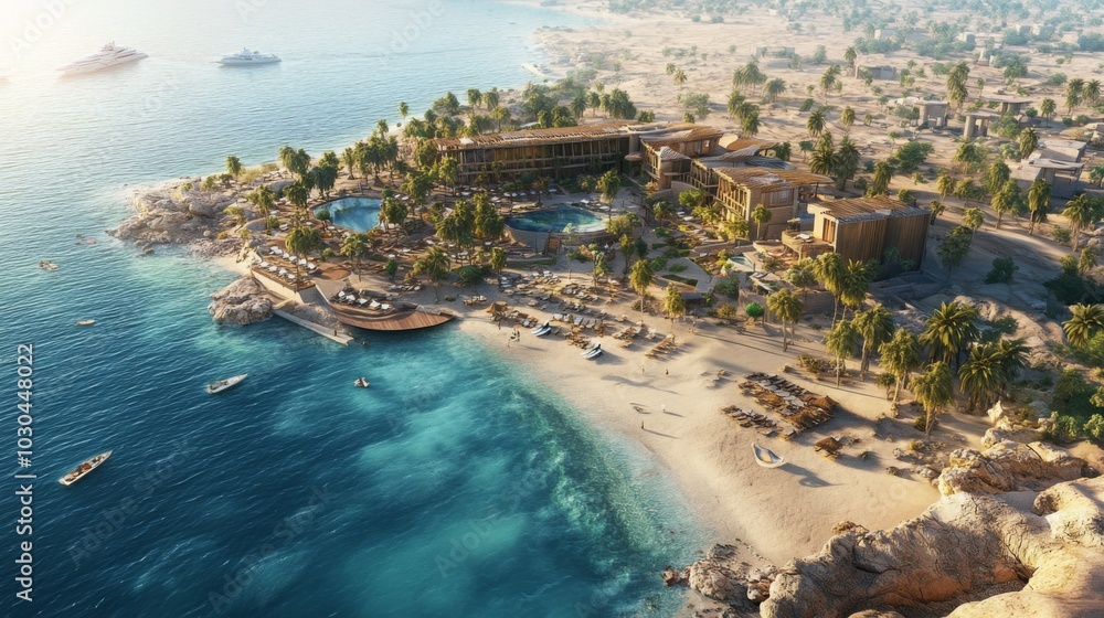 A resort with clear blue waters and palm trees is set along a sandy beach, framed by rocky outcrops, while boats float on the tranquil sea, capturing the essence of a serene coastal retreat. A resort with clear blue waters and palm trees is set along a sandy beach, framed by rocky outcrops, while boats float on the tranquil sea, capturing the essence of a serene coastal retreat.