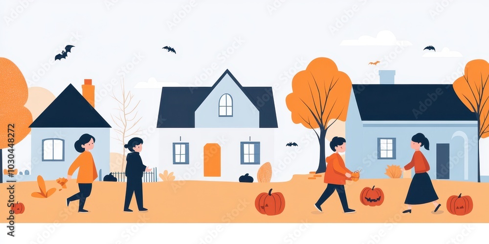 Fototapeta premium A vibrant autumn scene featuring colorful trees, pumpkins, and families walking in a quaint neighborhood, embracing the seasonal charm.