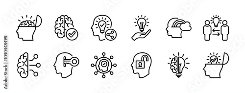 Open minded thin line icon set. Containing knowledge, inspiration, creative, idea, share, cognition, creativity, imagination, intellect, flexibility, acceptance, empathy, tolerance vector illustration