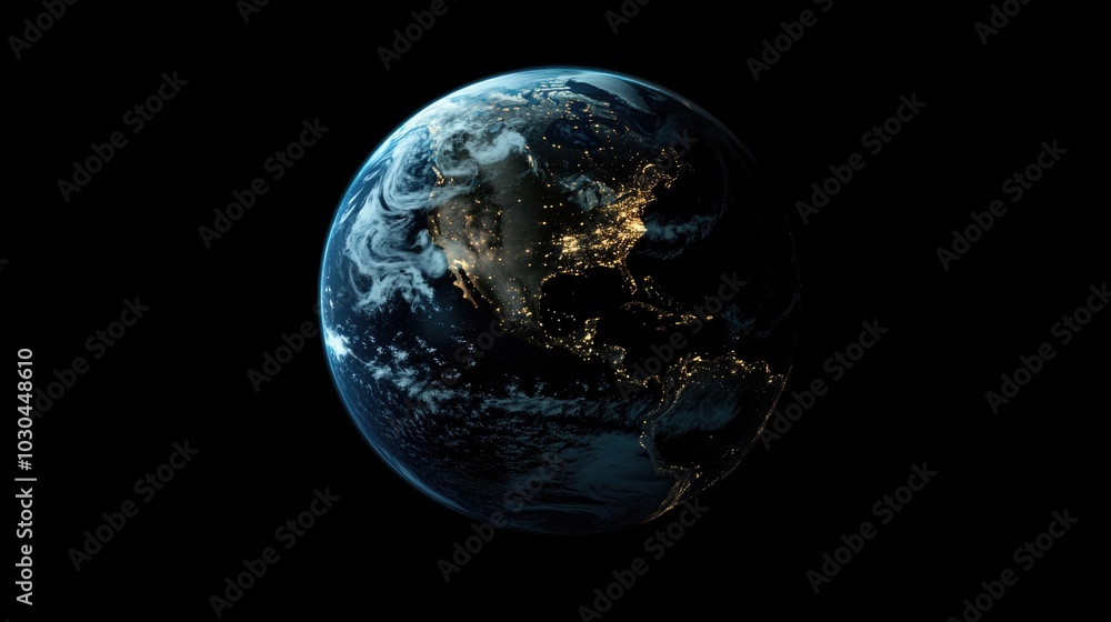 The planet Earth with visible lights and cities on the dark background. The planet Earth with visible lights and cities on the dark background.