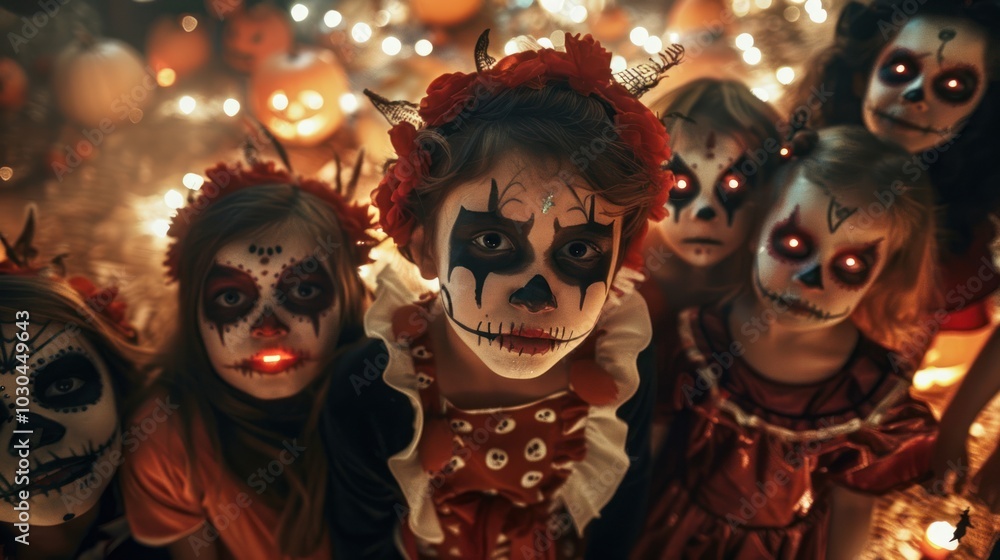 A group of children with Halloween makeup on their faces A group of children with Halloween makeup on their faces