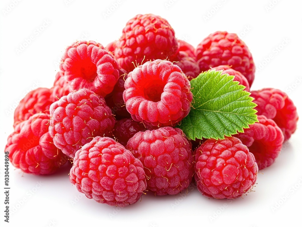 A closeup view of a bunch of fresh ripe and juicy red raspberries isolated on a clean white background The raspberries appear plump vibrant and inviting A closeup view of a bunch of fresh ripe and juicy red raspberries isolated on a clean white background The raspberries appear plump vibrant and inviting