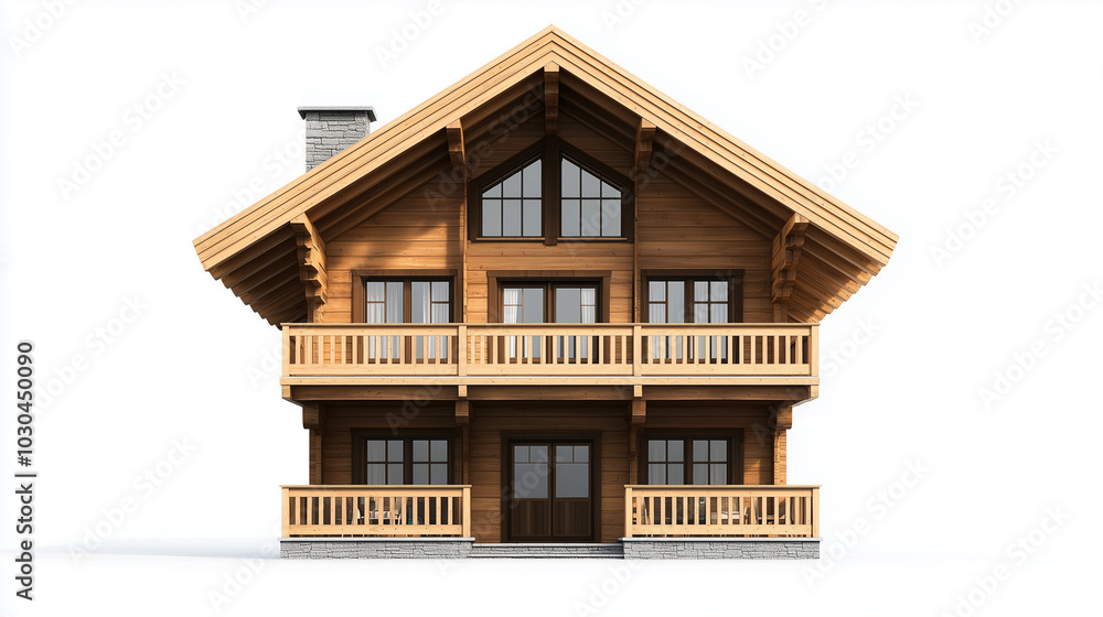 Chalet with wooden beams and large balconies in a mountain setting isolated on white background Chalet with wooden beams and large balconies in a mountain setting isolated on white background