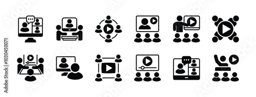 Video conference icon set. Containing remote work, online meeting, workplace, freelance, seminar, classroom, education, coaching, communication, discussion, meeting, learning. Vector illustration