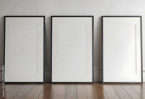 Three empty picture frames on a wooden floor against a white wall.