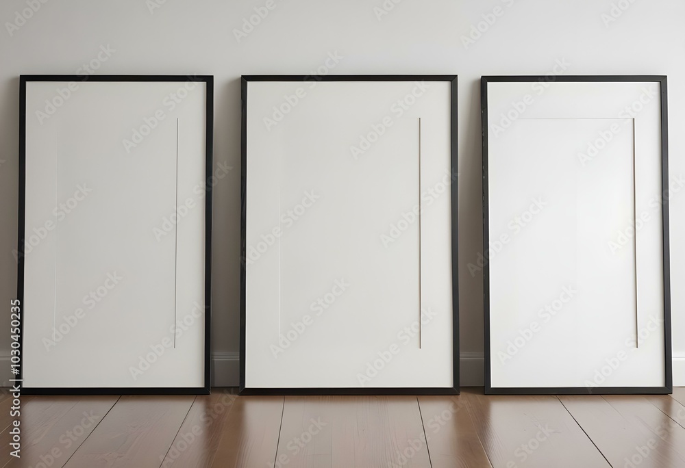 Three empty picture frames on a wooden floor against a white wall. Three empty picture frames on a wooden floor against a white wall.