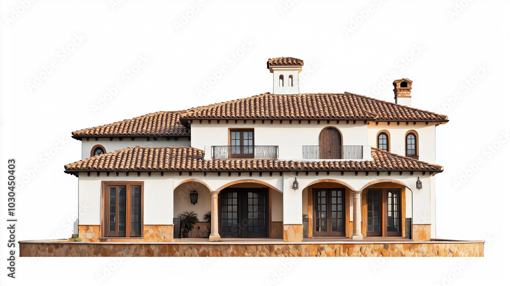 Spanish-style hacienda with stucco walls and tile roof isolated on white background Spanish-style hacienda with stucco walls and tile roof isolated on white background