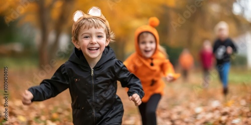 Joyful children running through autumn leaves, enjoying a playful day outdoors in vibrant fall colors.