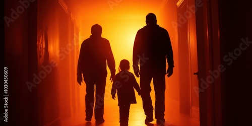 Silhouettes of a family walking together in a warm, glowing hallway, symbolizing love, connection, and togetherness.