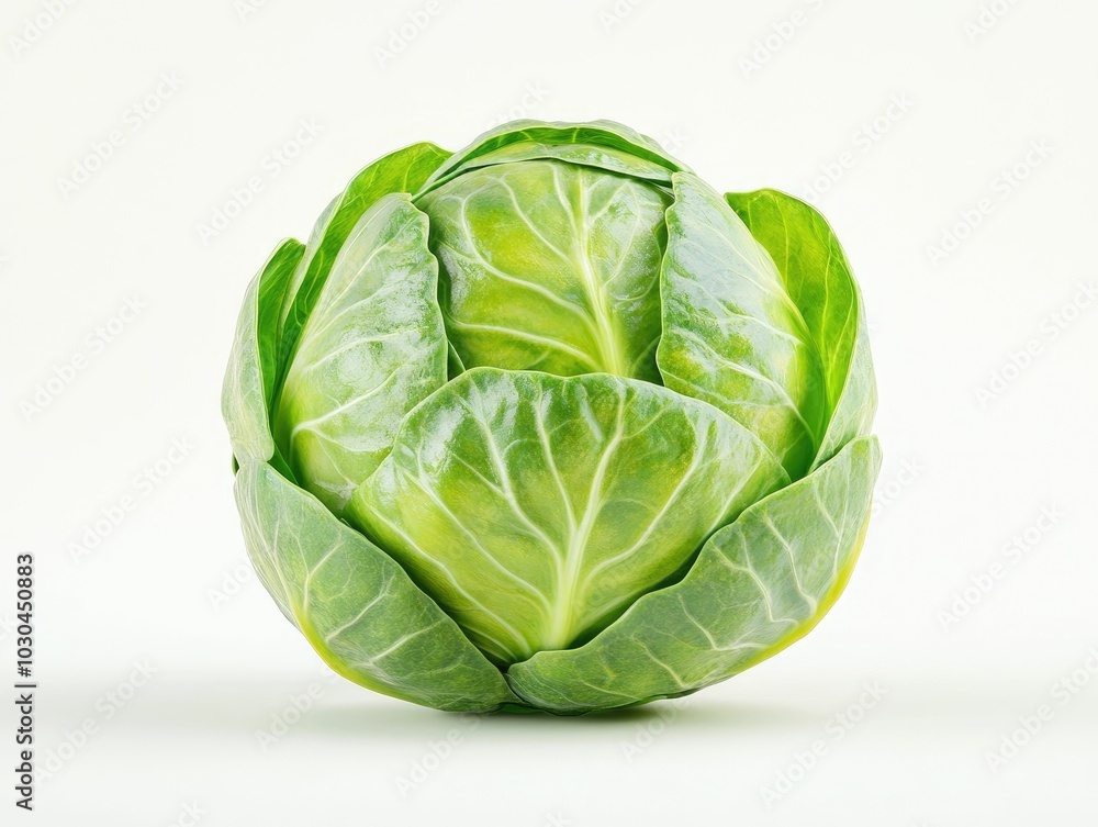 Obraz premium A freshly harvested compact and green brussels sprout photographed against a pure white background The vegetable showcases its natural organic appearance and vibrant color