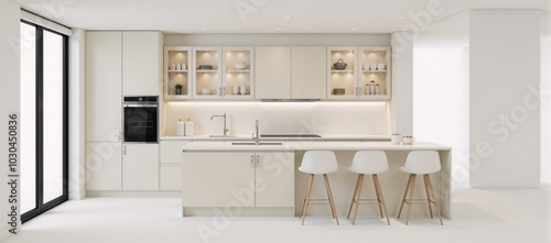 Modern 3D rendered contemporary kitchen with whitecream color scheme photo