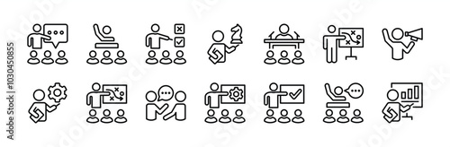 Mentor, guidance, coach, teacher, instruction, cognition thin line icon set. Containing teamwork, training, business advice, collaboration, consulting, corporate, education, learning, motivation