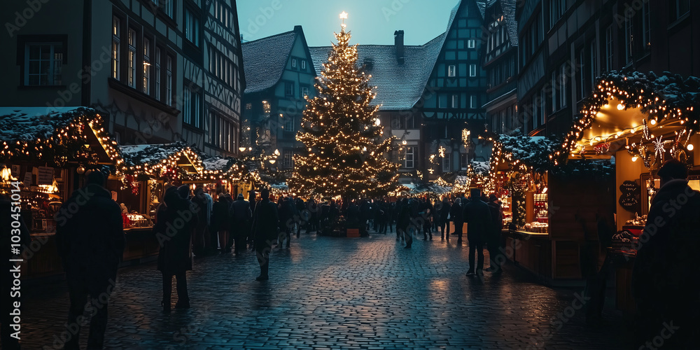 Lots of people having fun on Christmas market. Decorated and illuminated Christmas fair in European town. Snowy winter day. Lots of people having fun on Christmas market. Decorated and illuminated Christmas fair in European town. Snowy winter day.