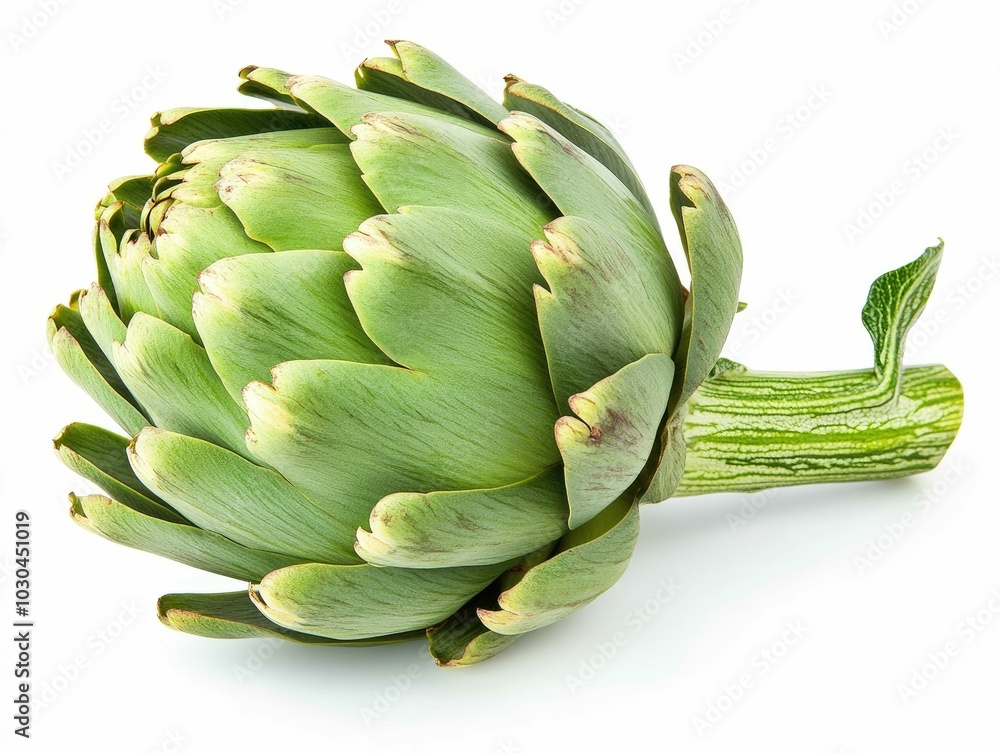 Fototapeta premium Whole Green Artichoke with Intricate Spiky Leaves Isolated on Clean White Background for Healthy Cooking and Cuisine