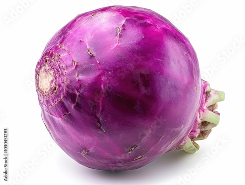 Closeup photograph of a ripe round and textured purple kohlrabi vegetable isolated on a clean white background This brassica root crop has a vibrant and detailed exterior