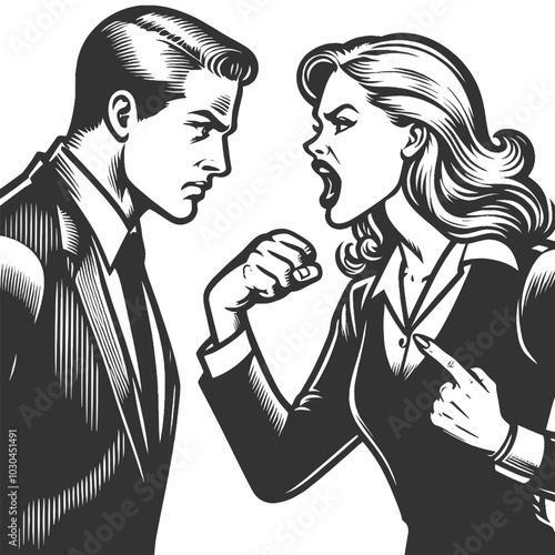 woman angrily yelling at man, depicting heated argument or relationship conflict sketch engraving generative ai fictional character vector illustration. Scratch board imitation. Black and white image