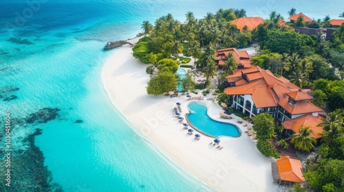 An aerial view of a tropical resort. The resort is located on a small island with a white sand beach. There are several buildings on the island, as well as a large pool and many palm trees