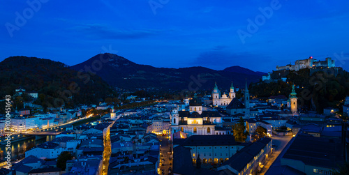 The night city view with  blue night sky  with historic city of salzburg ,Austria