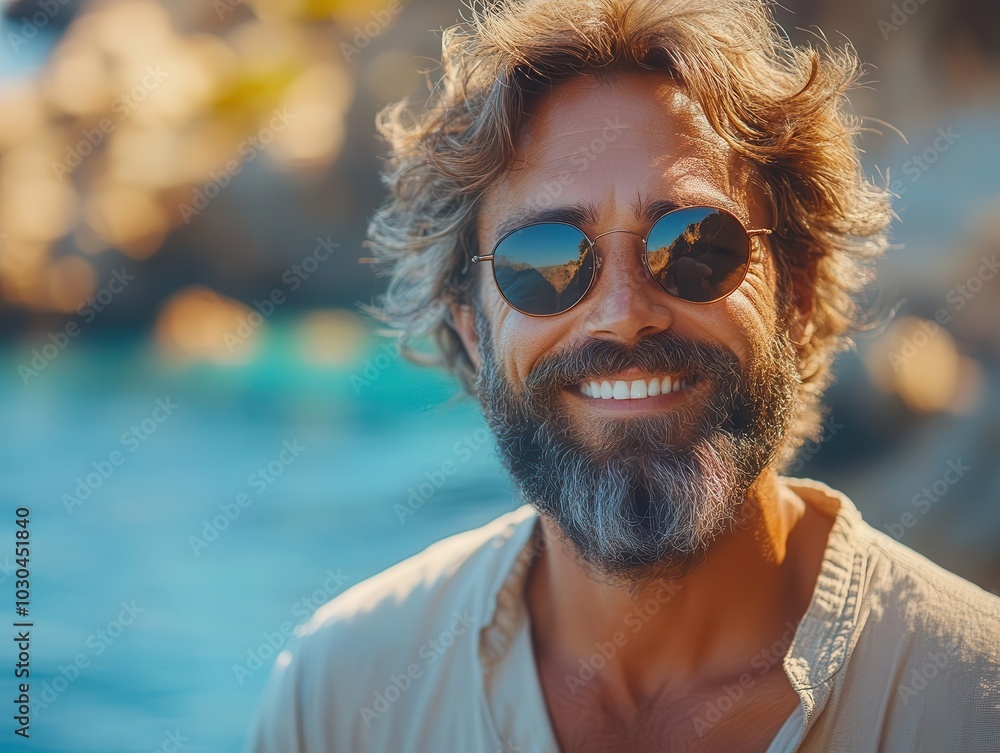 cheerful man with beard and sunglasses, beaming at the camera, capturing the essence of joy and relaxation in a casual outdoor setting cheerful man with beard and sunglasses, beaming at the camera, capturing the essence of joy and relaxation in a casual outdoor setting