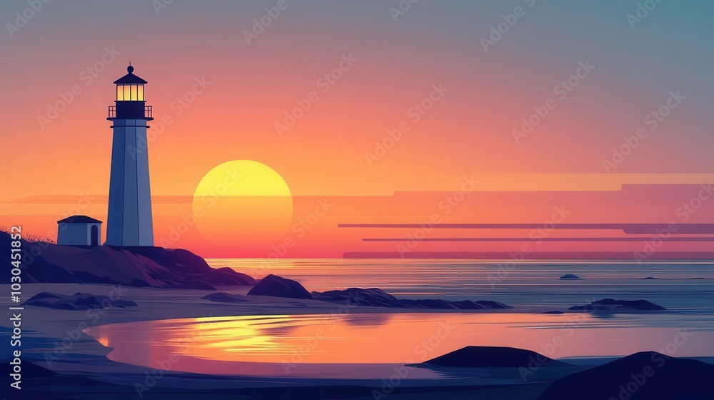 Beach with a lighthouse at sunset, triadic colors blending in an animated flat coastal scene Beach with a lighthouse at sunset, triadic colors blending in an animated flat coastal scene