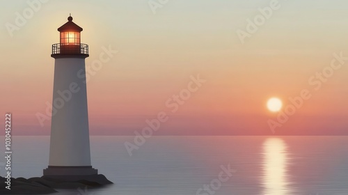 Wallpaper Mural Lighthouse glowing at a peaceful sunset, serene sea, flat minimalist design with soft, calming tones Torontodigital.ca