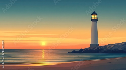 Wallpaper Mural Lighthouse glowing softly at sunset, vintage palette, beach with flat animated design elements Torontodigital.ca