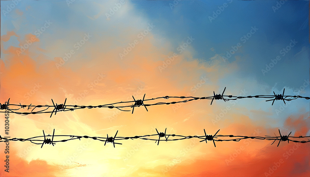 Barbed wire silhouetted against a vibrant sunset sky in a tranquil landscape