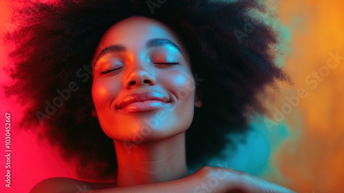 Close-up of a peaceful person embracing themselves in front of a vibrant, solid color background, symbolizing self-love