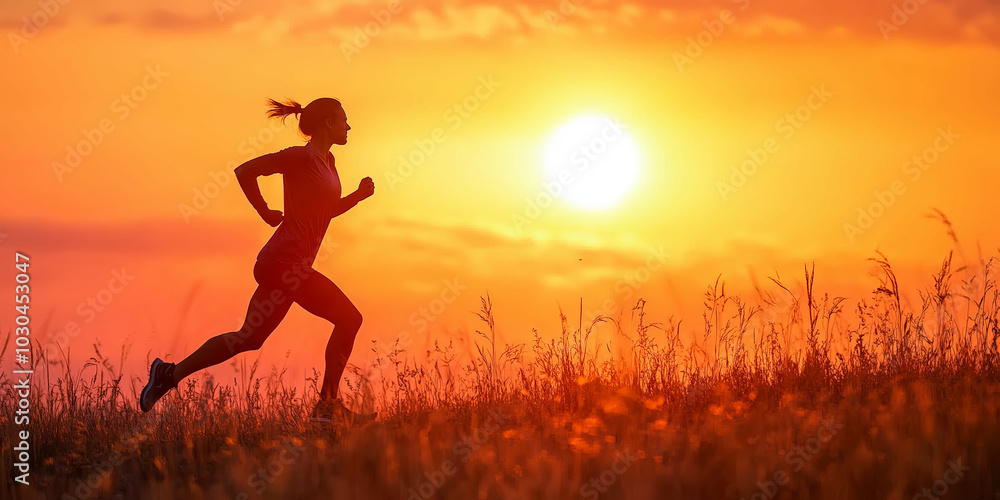 Young jogger actively running at sunrise, with beautiful landscape in the background on early morning. Healthy lifestyle.