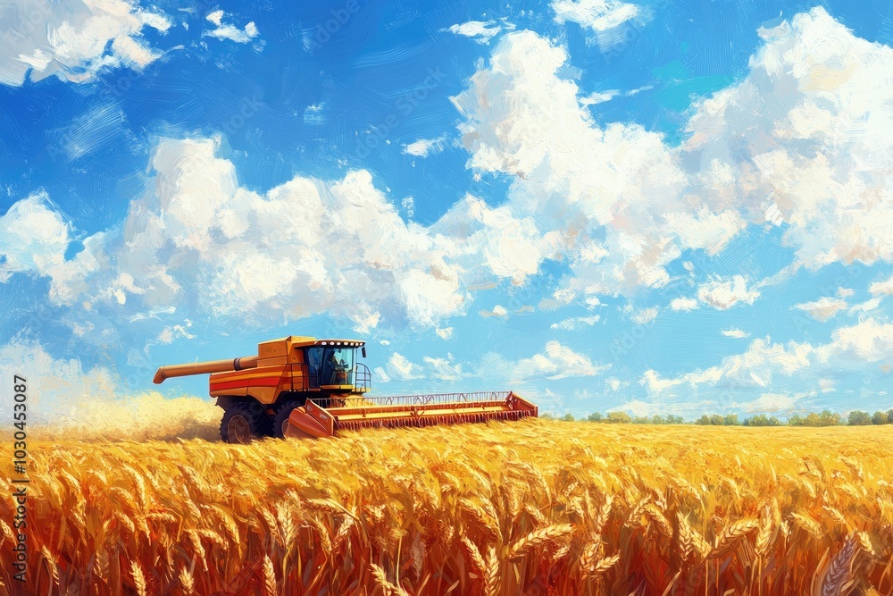 Fototapeta premium A combine harvester in a field. Perfect for illustrating agricultural topics, harvesting, or rural life.