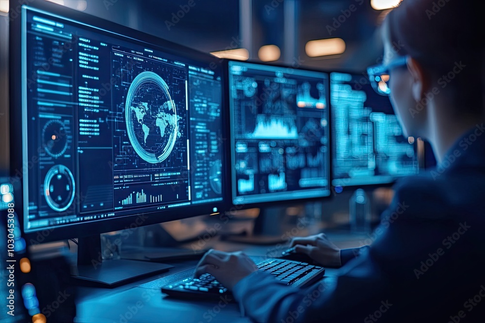 A person working on a computer with multiple screens. The photo shows the individual focusing on complex data and graphs, emphasizing the intensity and complexity of modern work. A person working on a computer with multiple screens. The photo shows the individual focusing on complex data and graphs, emphasizing the intensity and complexity of modern work.