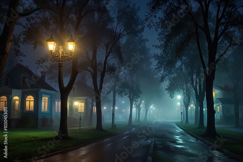 Mysterious abstract foggy landscape with street lamps shining with smooth light among the green trees and cute houses at night