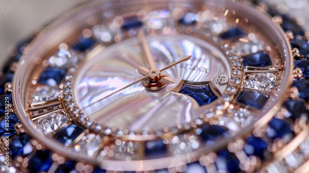 A luxurious watch with a motherofpearl dial and a bezel adorned with shimmering sapphires making for a stunning statement piece. A luxurious watch with a motherofpearl dial and a bezel adorned with shimmering sapphires making for a stunning statement piece.