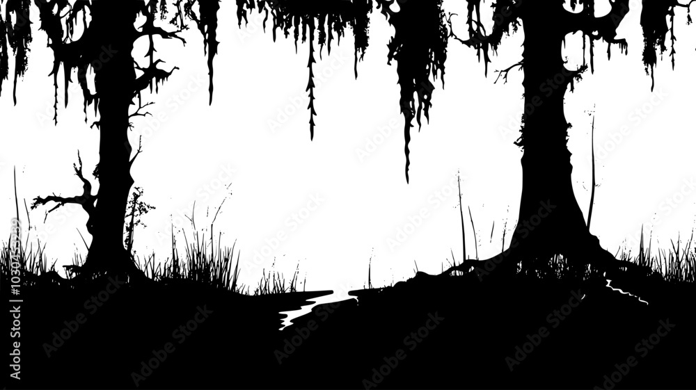 Obraz premium Algae growing on tree bark in a humid forest, vector illustration art