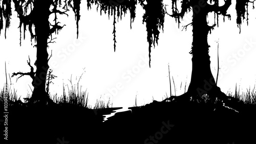 Algae growing on tree bark in a humid forest, vector illustration art